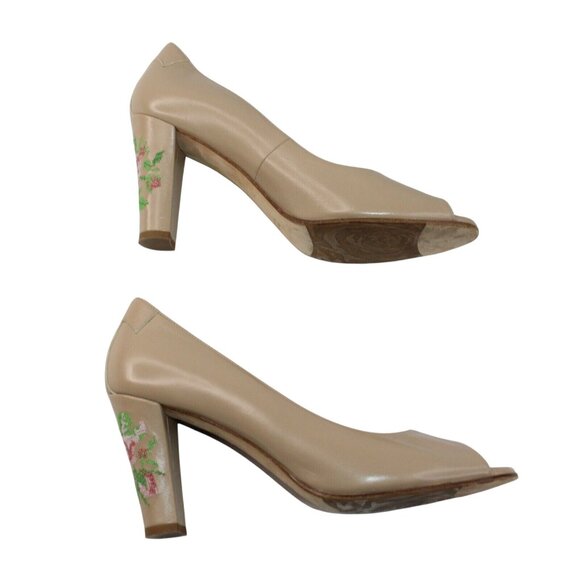 Taryn Rose Womens Sz 9 Beige Floral Embellishment Block Heel Pumps Open Toe - Picture 8 of 11